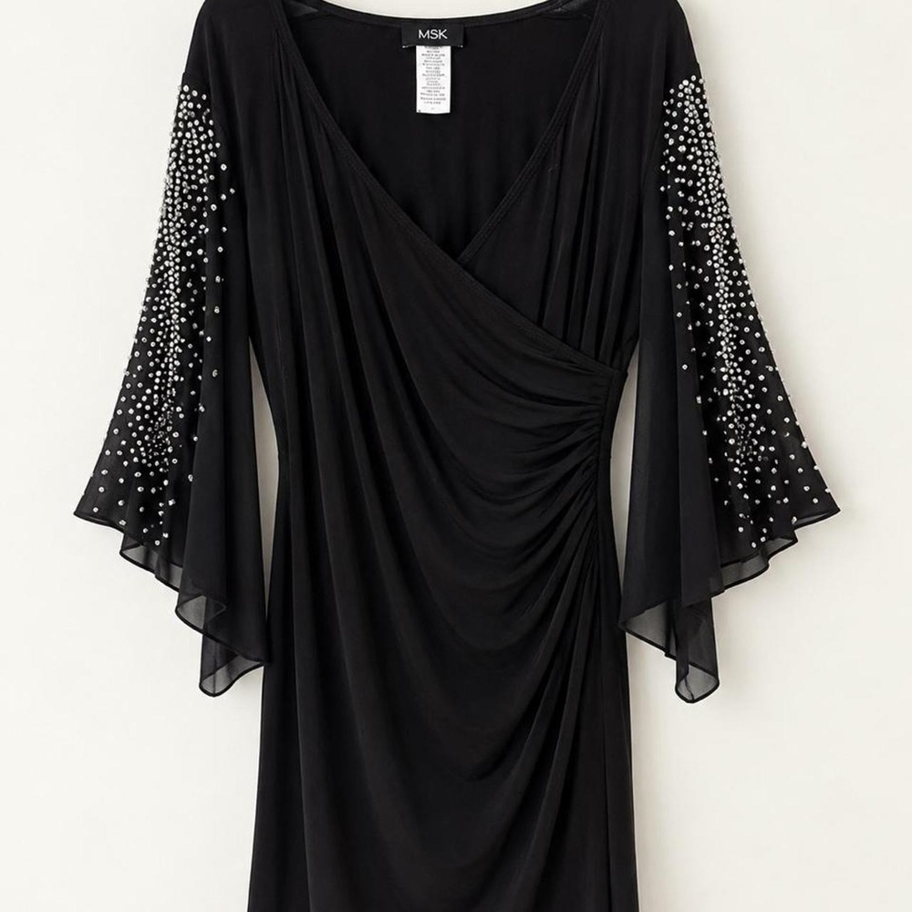 MSK Black Rhinestone Embellished Sheer Bell Sleeve Formal Dress